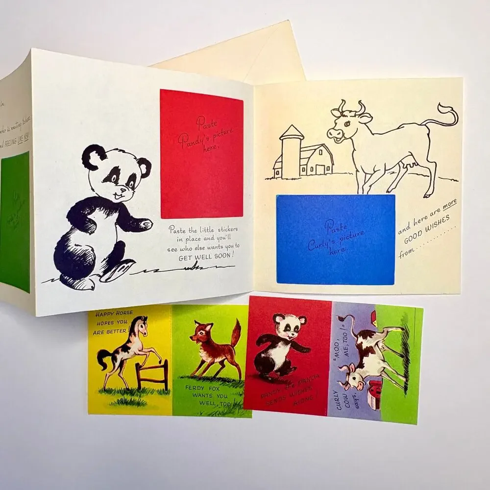 Vtg 1950s Accordion Fold Get Well Wishes Cat Stickers Greeting Card Unused Rare